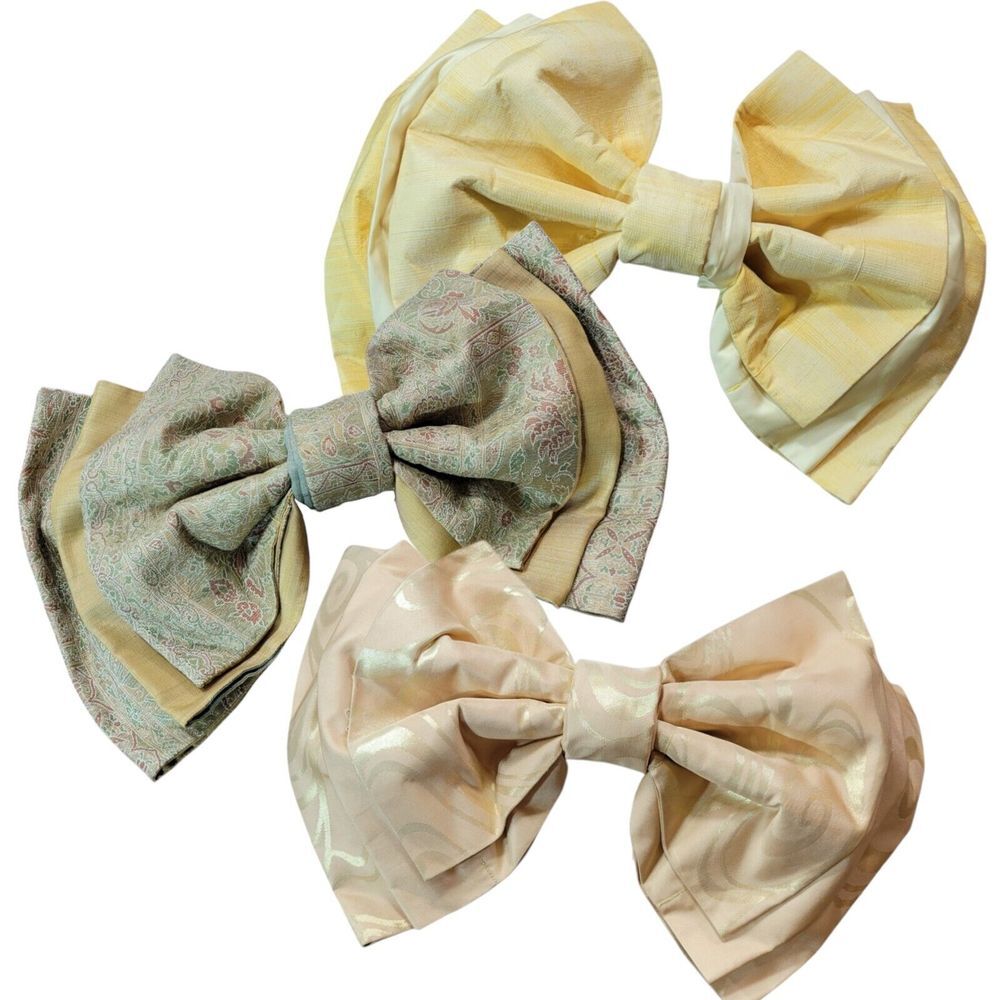 Japanese Tsuke Obi Pre-Tied Bow Set‎ of 3 Paisley Metallic Yellow Kimono Yukata